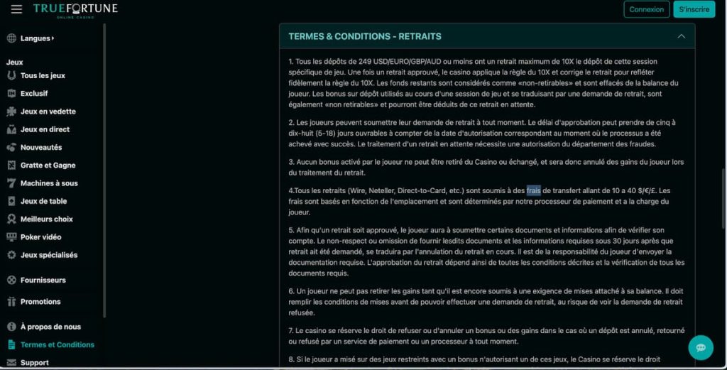True Fortune Casino conditions retrait