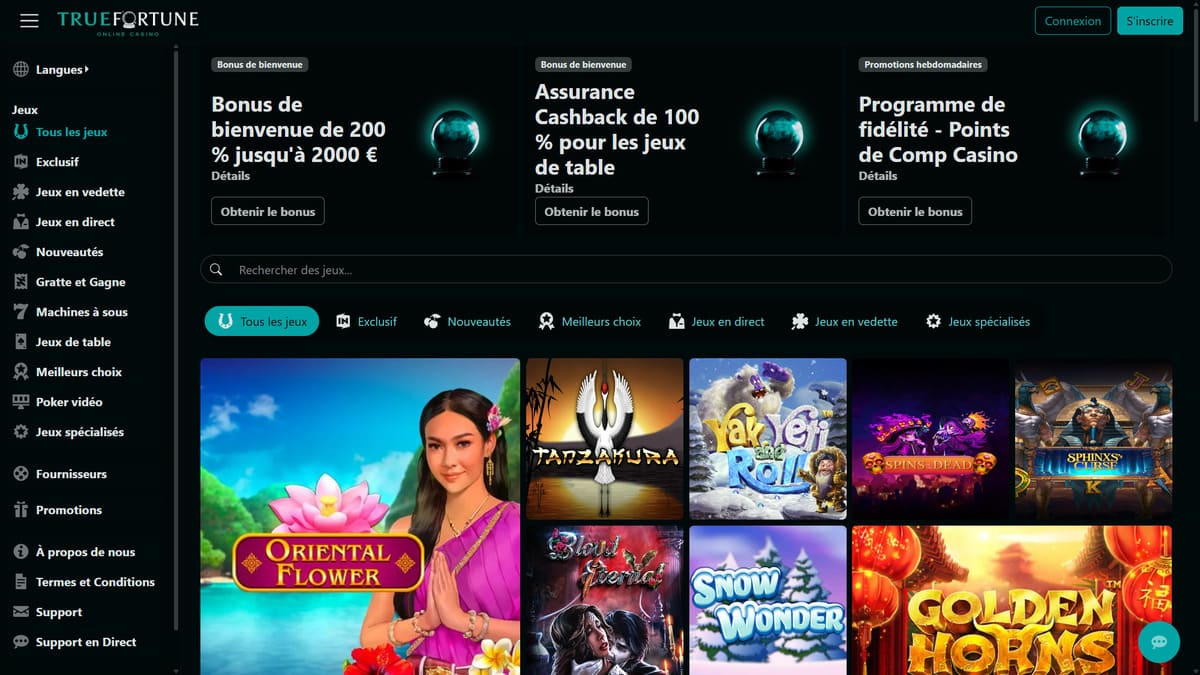 True Fortune Casino dashboard interface